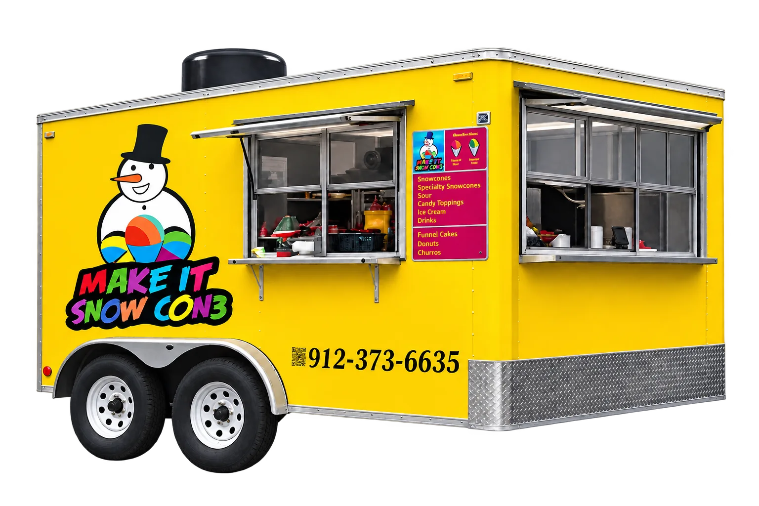 Illustration based on the business's event flyer, showing its yellow Make It SnowCone trailer